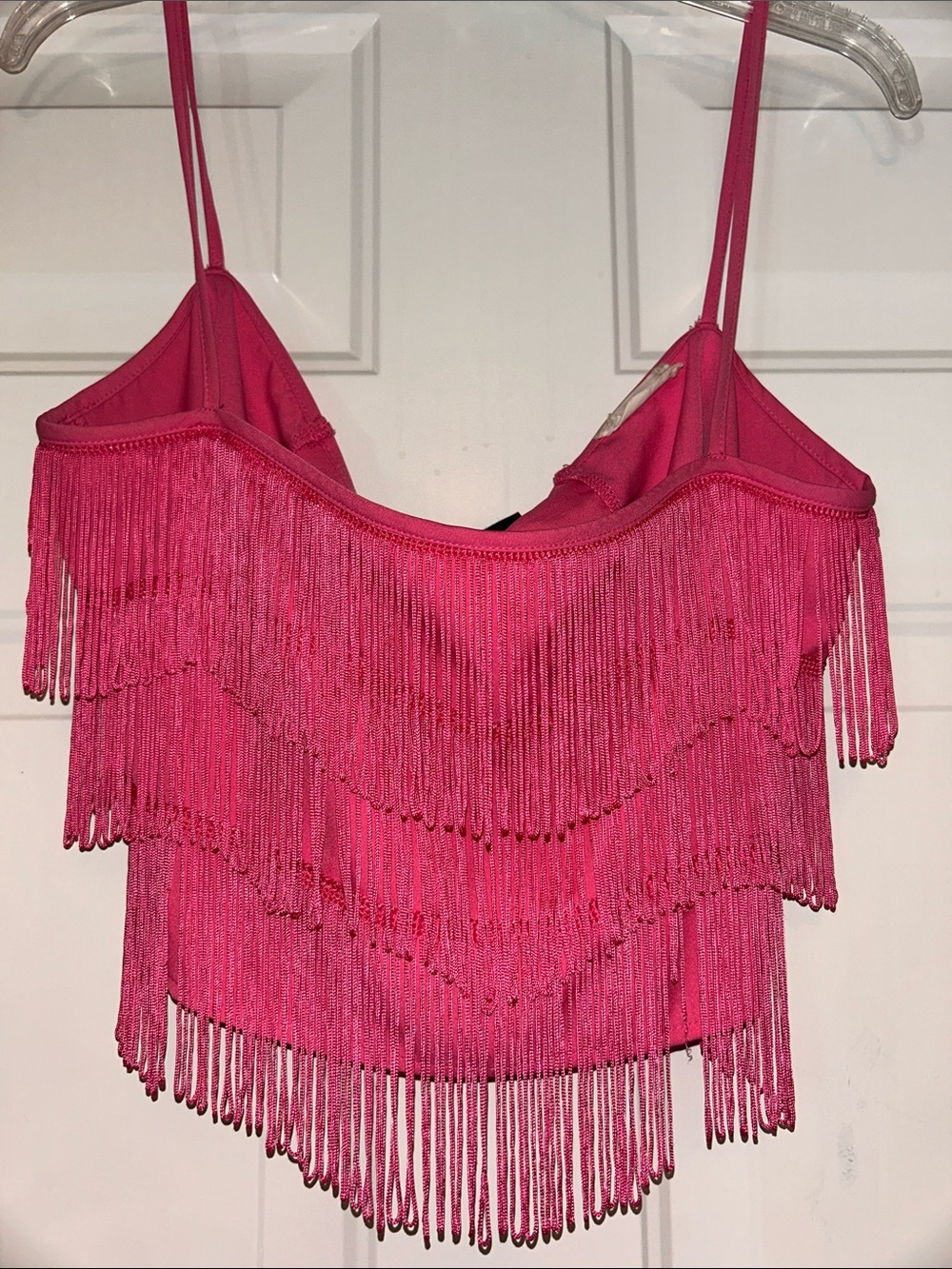 Western Fringe Crop Top Pink M Spaghetti-Strap Tie Back Barbie Glam Flirty